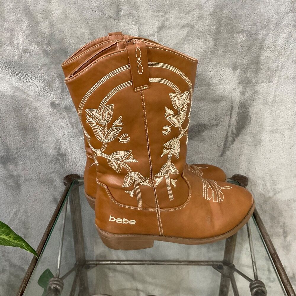 Bebe Cowgirl Boots women’s size 5 Brown faux leather embroidered logo name - Picture 3 of 16